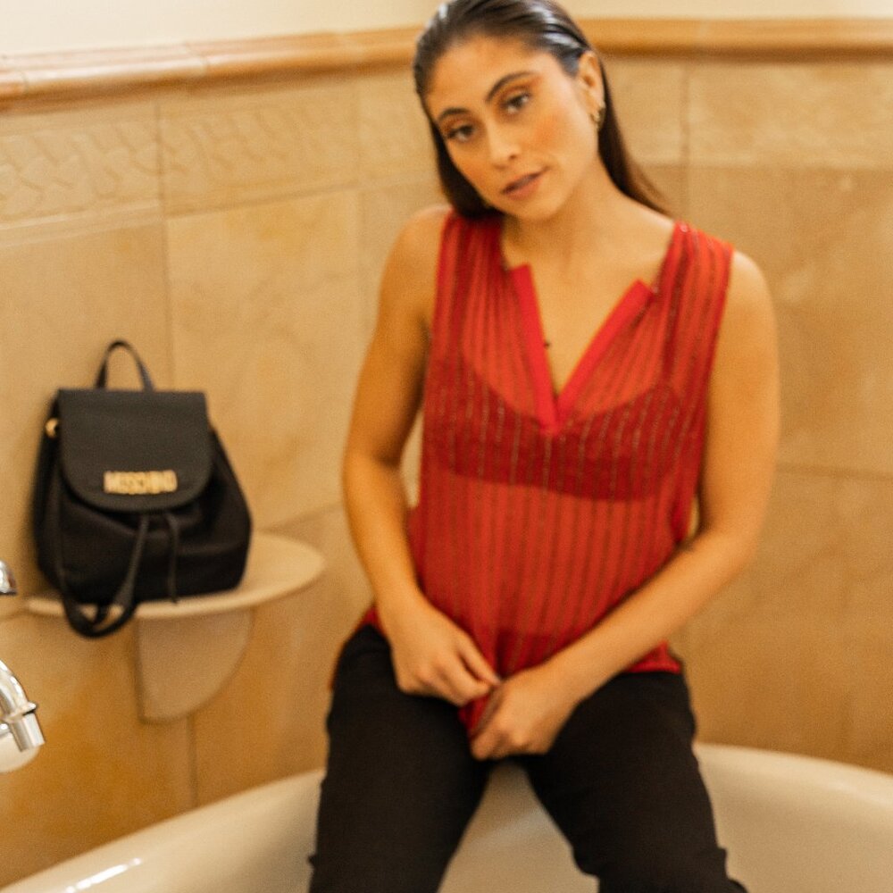 Parker NY Red Silk Beaded Blouse – Luxe & Statement-Making